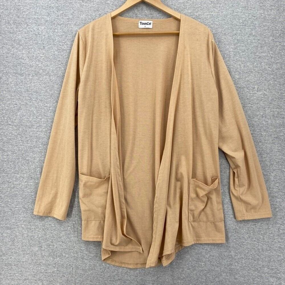 Town Cat Cardigan Womens Large Beige Open Lightweight Pockets